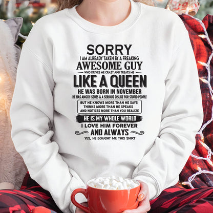 November - Sorry I am already taken by a freaking awesome guy - Gift for Wife From Husband - TLEE11 (SKU08-25-11)