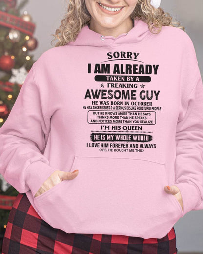 October - Sorry I Am Already Taken By A Freaking Awes Some Guy - Gift For Your Girlfriend, Wife From Husband - TLEE10 (SKU07-177-10)